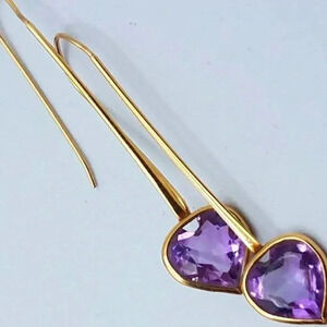 14K Gold Amethyst Heart Drop Earrings 1.5” Dangle Minimal